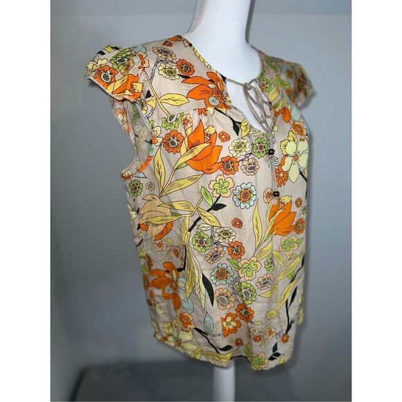 Women’s Linen Blend Floral Tie Front Blouse Top Large - Picture 2 of 9